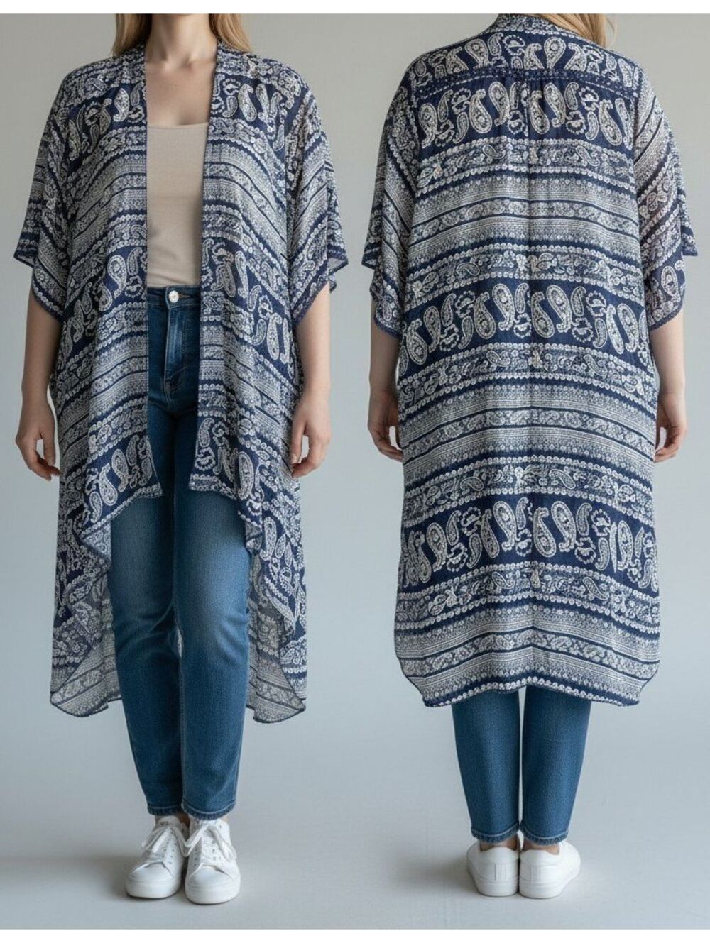 Women's Navy Blue and White Paisley Pattern Kimono Cardigan, Lightweight and She